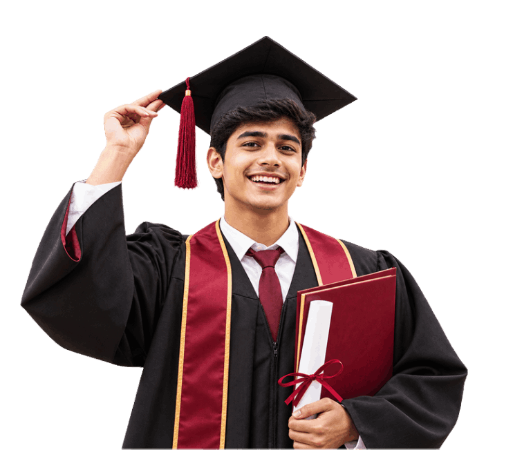 Smiling graduate in cap and gown holding a certificate