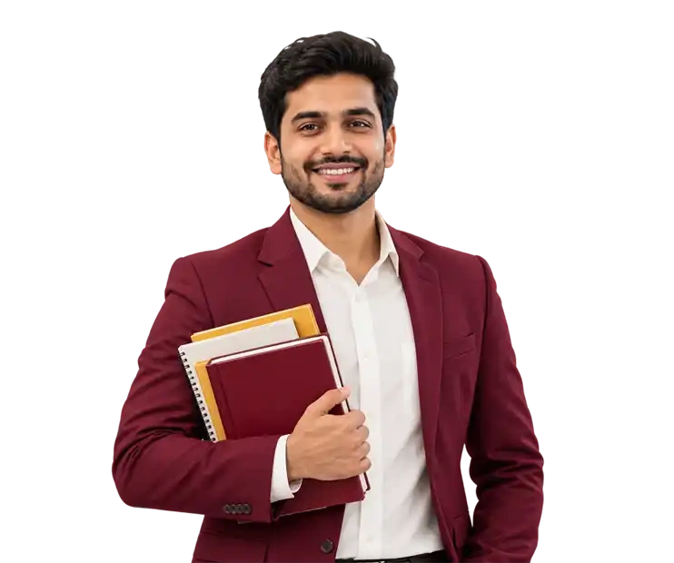Smiling professional in a maroon blazer holding study books