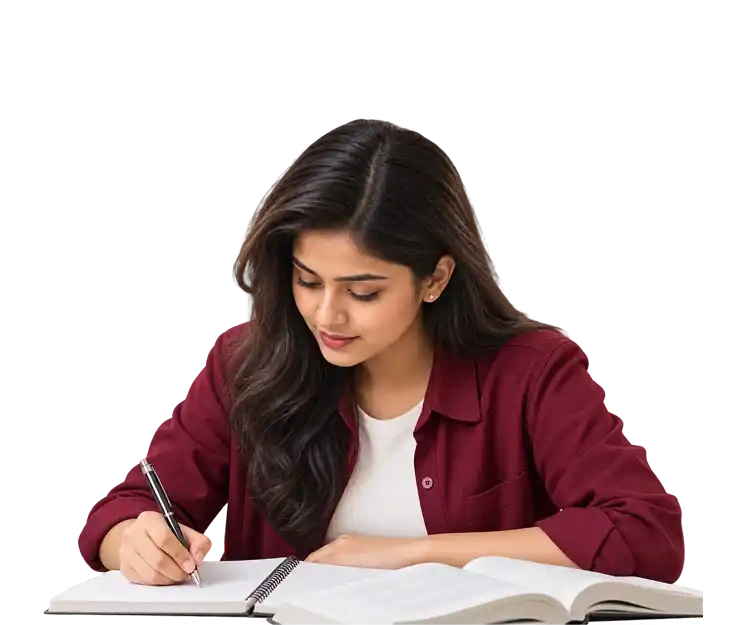 Student studying for the CMA exam with notes and books