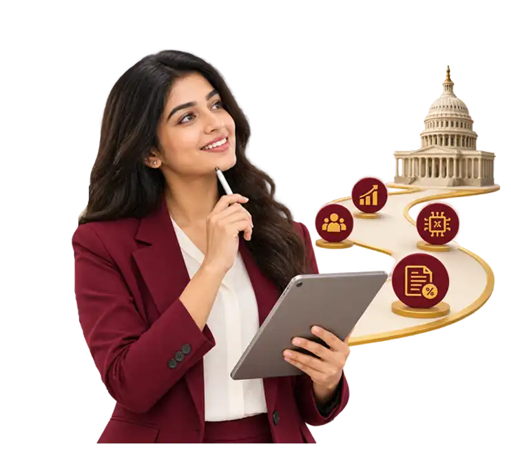 Smiling professional in a maroon blazer holding study books