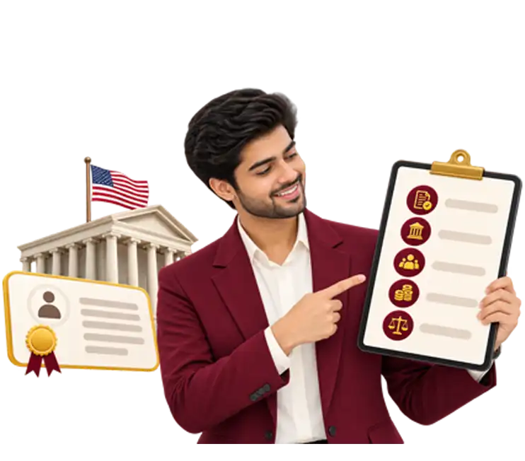 Smiling professional in a maroon blazer holding study books